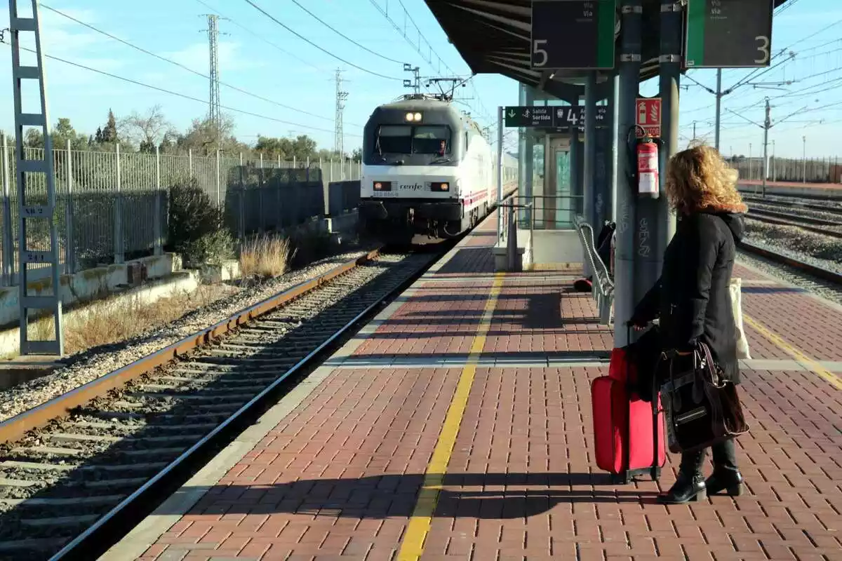 Pla general d'una viatgera esperant a l'andana de l'estació de l'Aldea-Tortosa-Amposta
