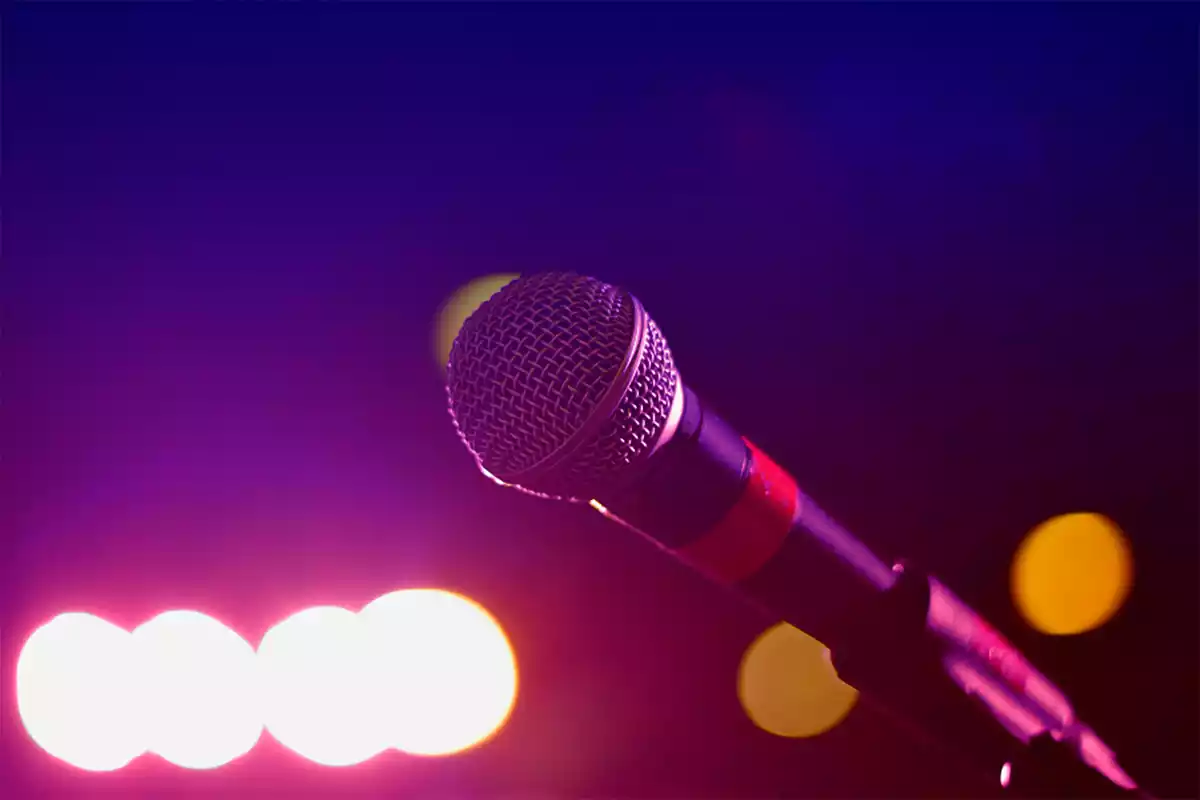 Imatge d'un micròfon amb llums en un escenari.