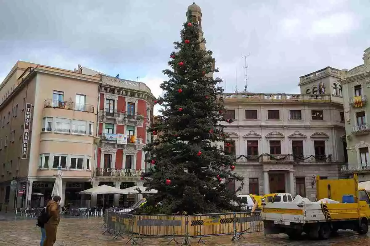 L'arbre de Nadal al mig de la plaça del Mercadal de Reus amb vehicles de les Brigades Municipals al voltant
