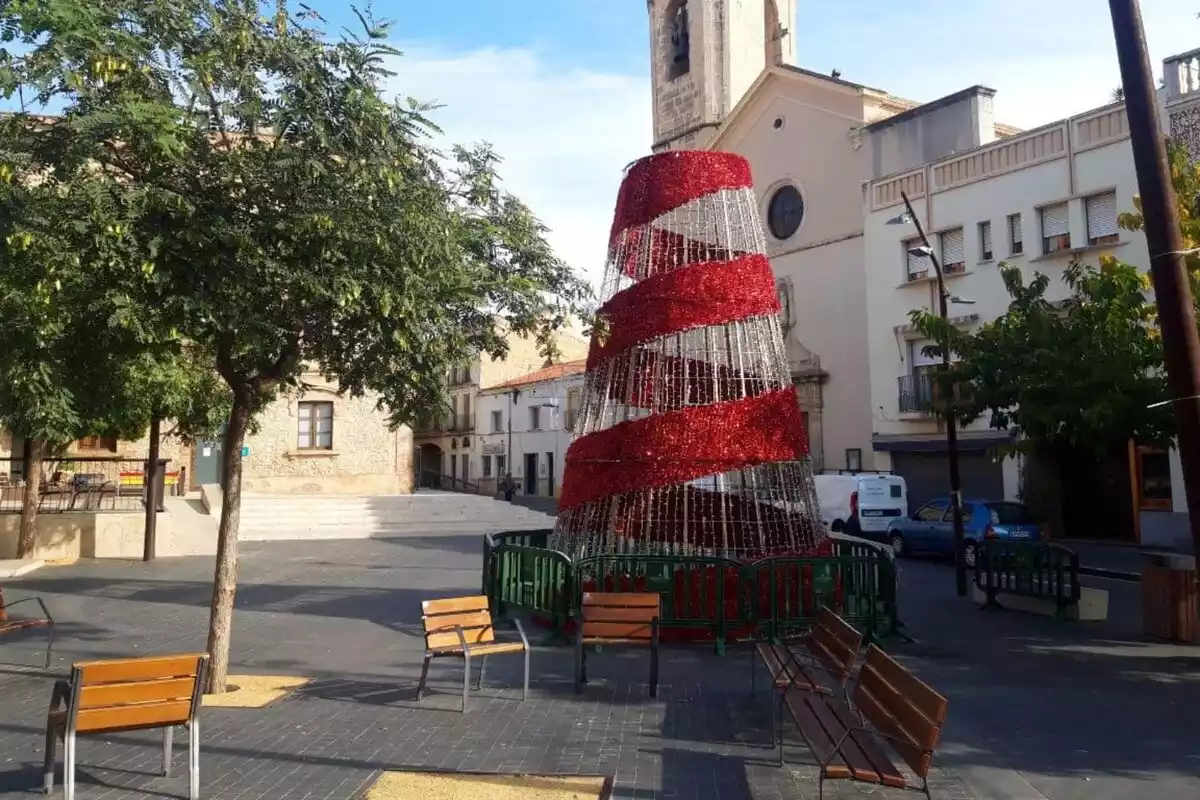 L'arbre de Nadal que s'està muntant a la plaça de Catalunya.