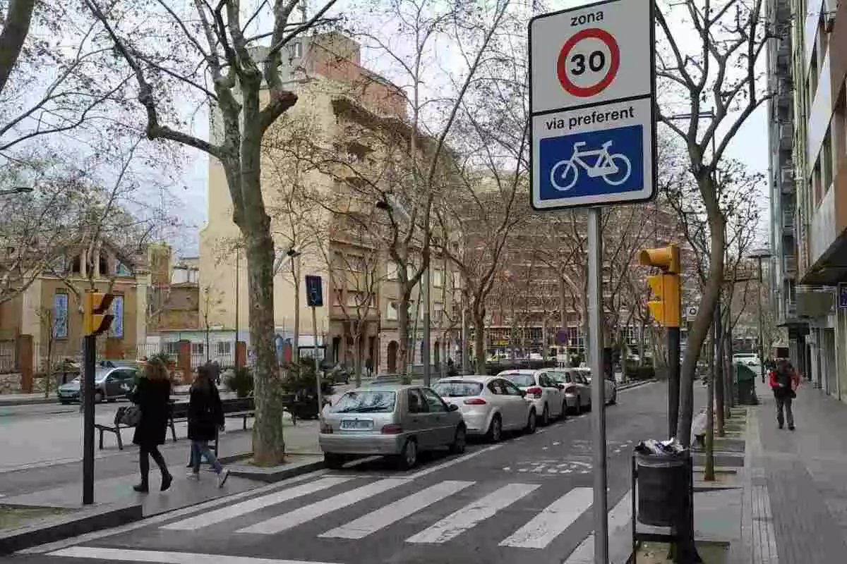 Tram del passeig de Sunyer de Reus amb una senyal que el marca com a via preferent per a bicicletes