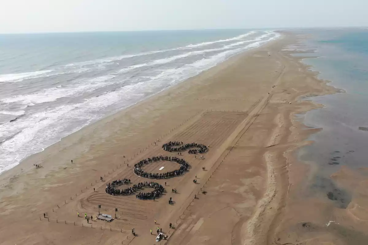 Els assistents a l'acte de MOLDe han configurat les lletres SOS a la platja del Trabucador