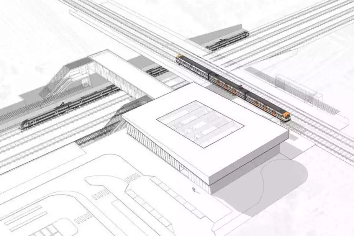 Imatge virtual de la distribució de l'estació intermodal prevista, amb vies a dos nivells i passarel·les i escales per canviar d'andanes
