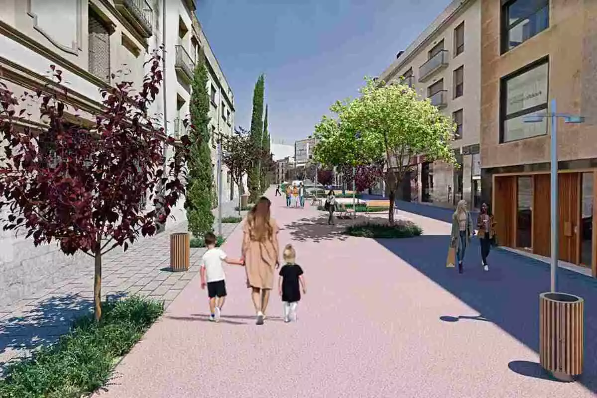 Imatge virtual de com quedarà el carrer de Salvador Espriu de Reus vianalitzat, a un sol nivell i amb arbres a banda i banda
