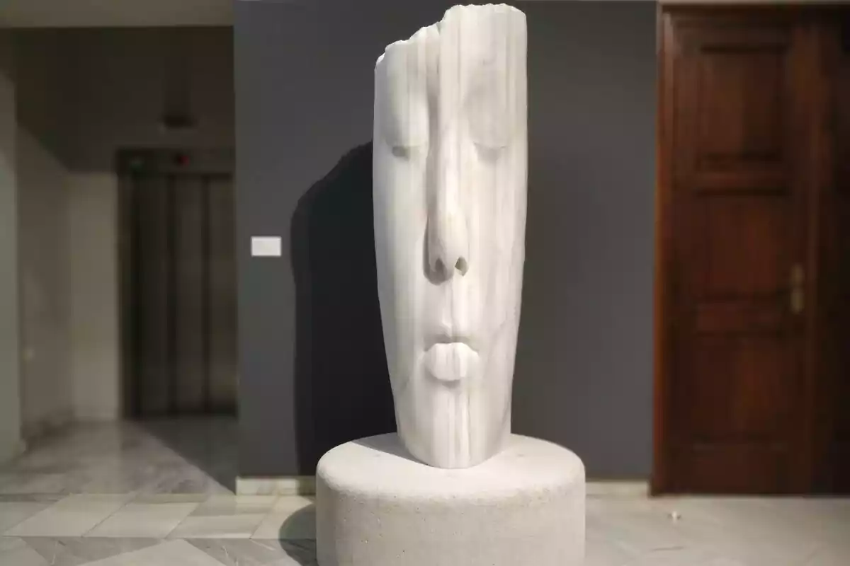 La figura de marbre d'una cara presideix l'entrada del Museu Salvador Vilaseca de Reus