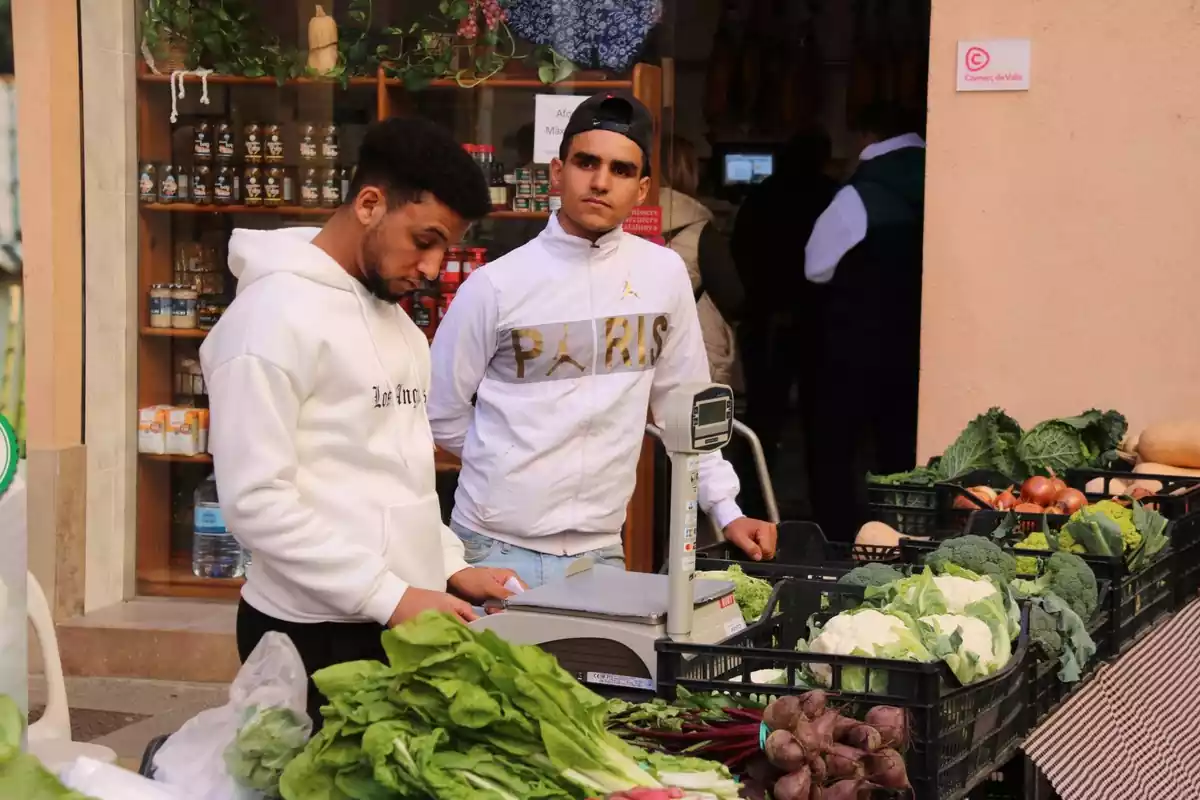 Joves extutelats al mercat de Valls venent verdures que han conreat ells mateixos en una finca del municipi