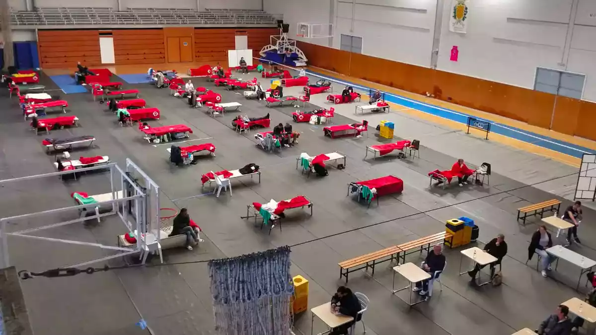 Imatge del parquet del pavelló del Serrallo amb 50 llits i una zona de menjador per a persones sense sostre