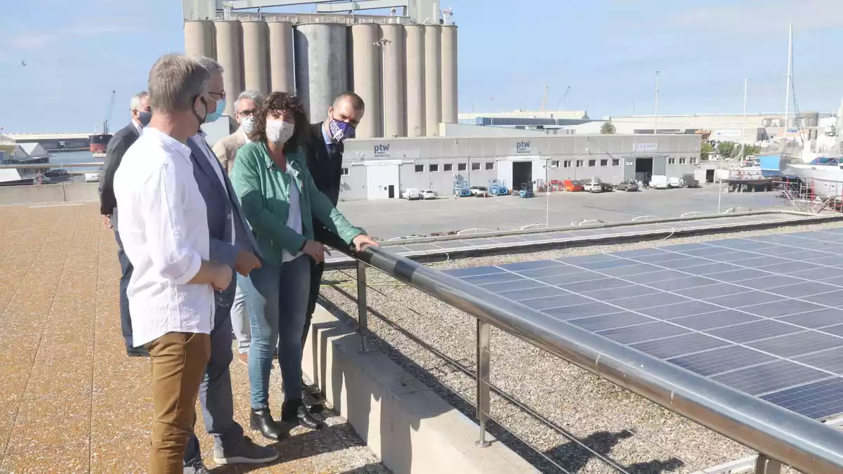 Pla sencer de les autoritats, amb la consellera d'Agricultura, Ramaderia i Pesca, Teresa Jordà, al centre, observant les plaques fotovoltaiques