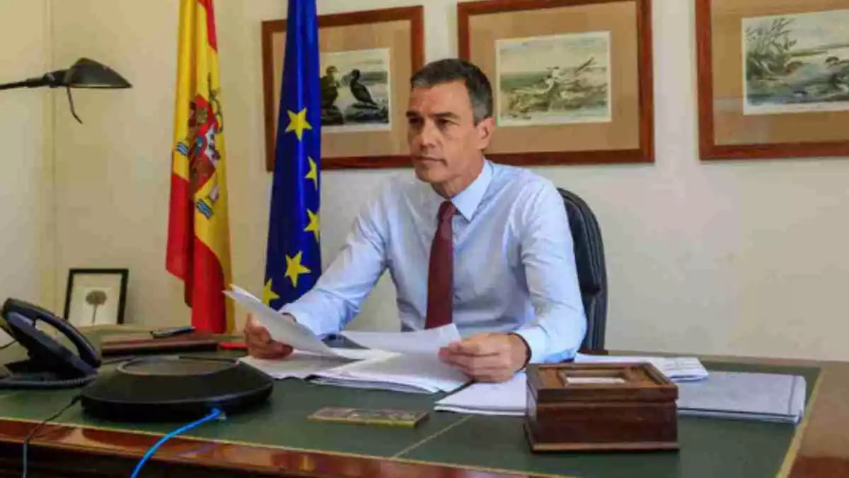 El president Pedro Sánchez amb camisa al seu despatx de la Moncloa amb les banderes espanyola i europea