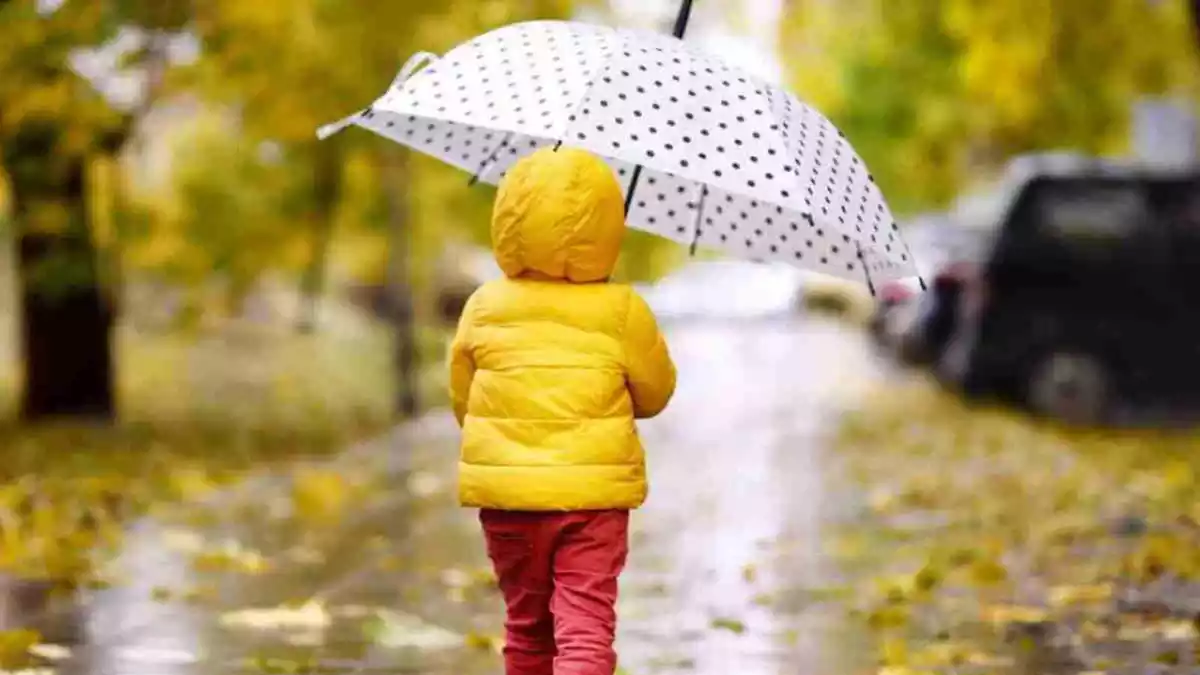 Imatge d'un menor caminant en un dia de pluja i de plena tardor