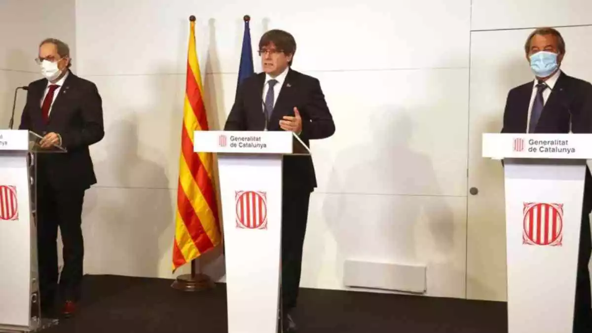 Torra, Puigdemont i Mas en una roda de premsa des de Perpinyà.