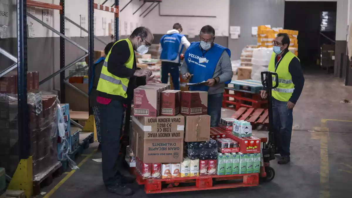 Voluntaris del Banc dels Aliments preparen els palets de menjar per repartir