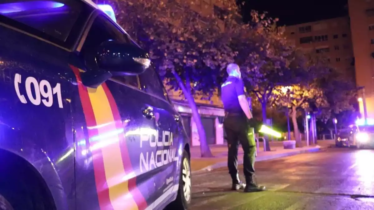 Un agent de la Policia Nacional rere un cotxe del cos de policia, de nit i amb llums enceses