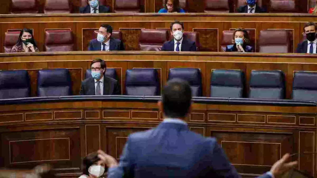 Pedro Sánchez, d'esquena, intervenint al Congrés dels Diputats