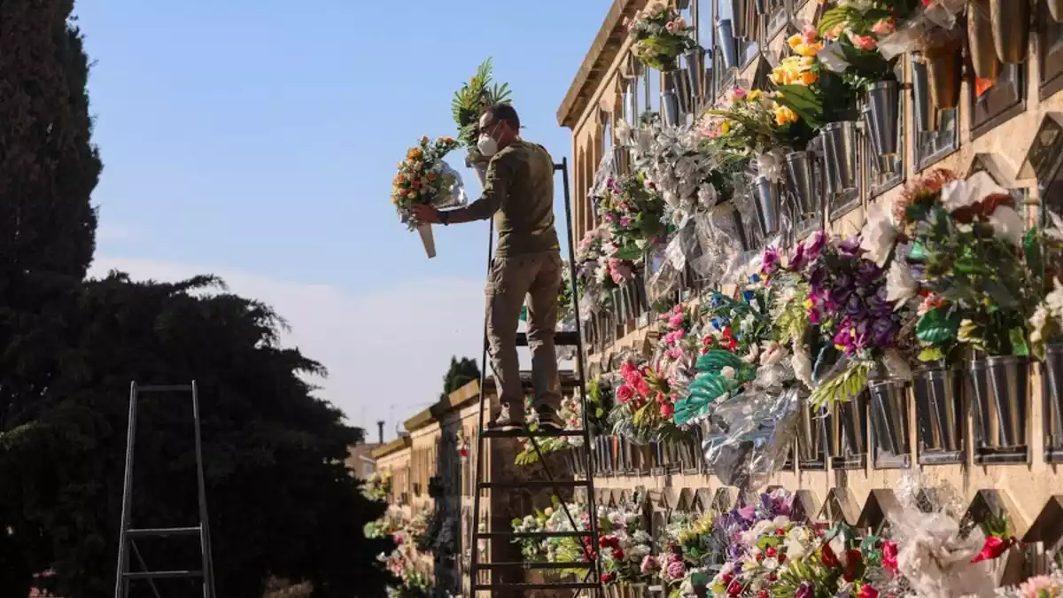 Pla detall d'un home posant flors al Cementiri Municipal de Tarragona