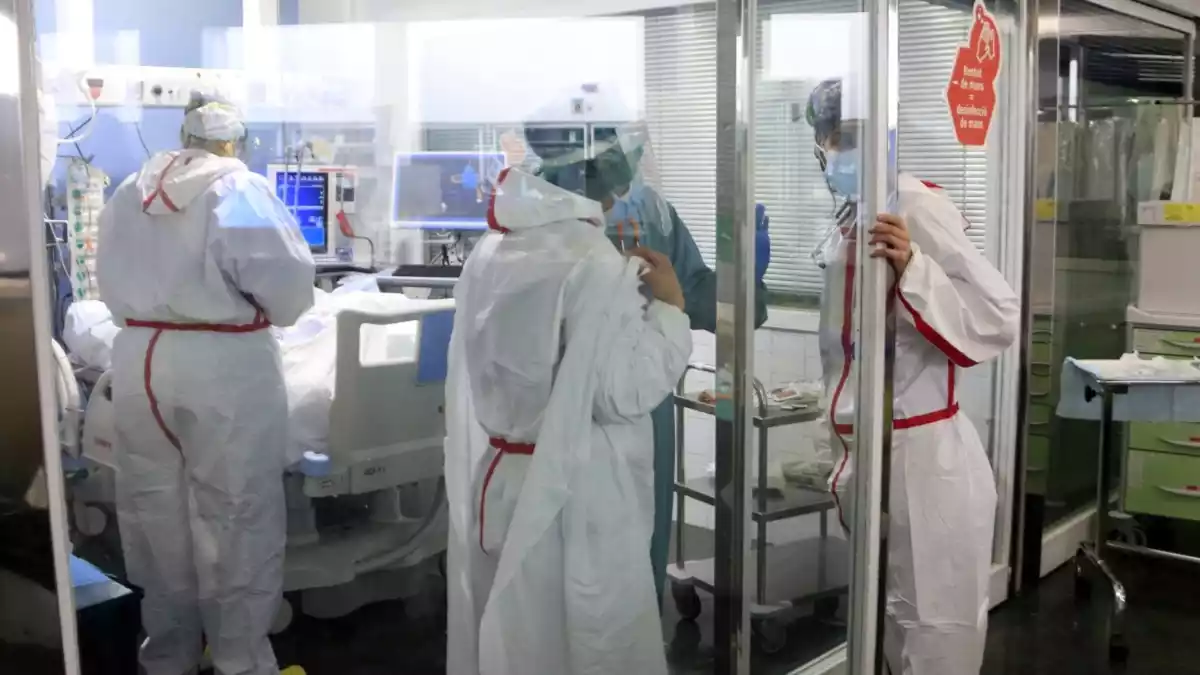 Professionals sanitàries de l'Hospital del Mar atenent un pacient ingressat a l'UCI amb covid-19