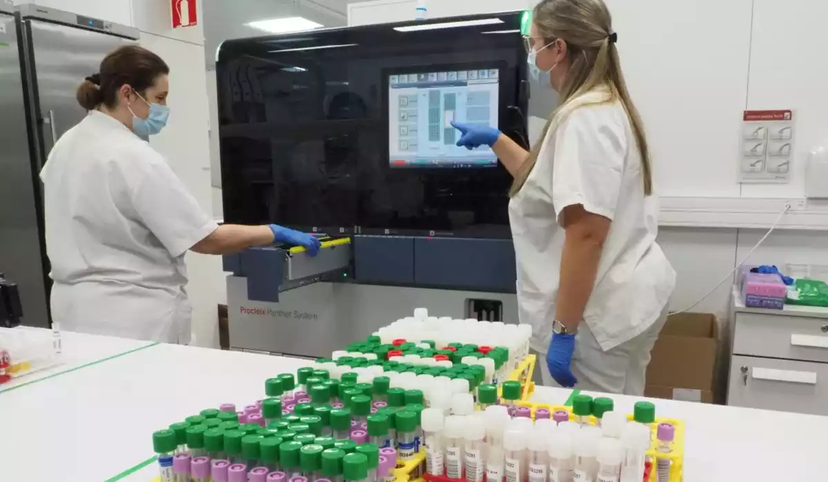 Dues professionals sanitàries amb unes proves PCR davant en un laboratori