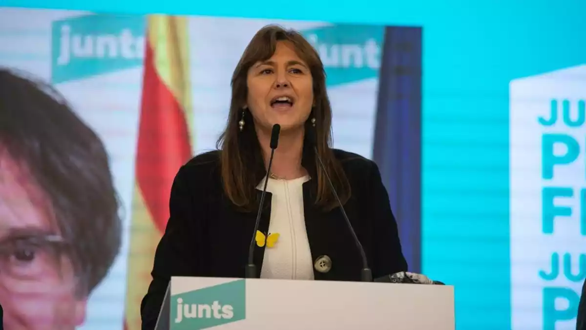 Laura Borràs durant un acte electoral de Junts per Catalunya (JxCat) per al 14-F