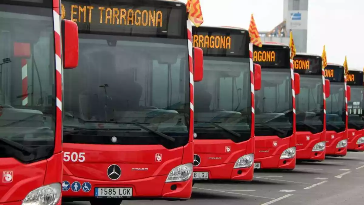 Pla tancat de diversos autobusos de l'Empresa Municipal de Transports (EMT) de Tarragona, situats en filera a les cotxeres