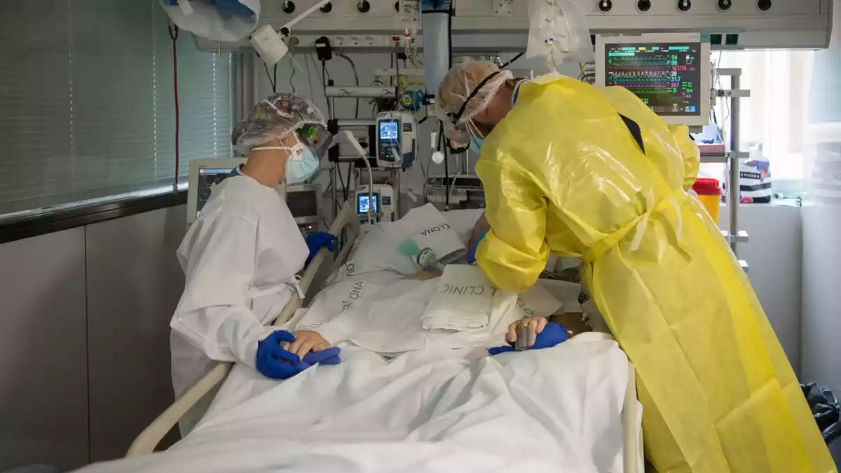 Pla mitjà de dos sanitaris visitant un pacient de Covid-19 a l'UCI de l'Hospital Clínic protegits amb EPI