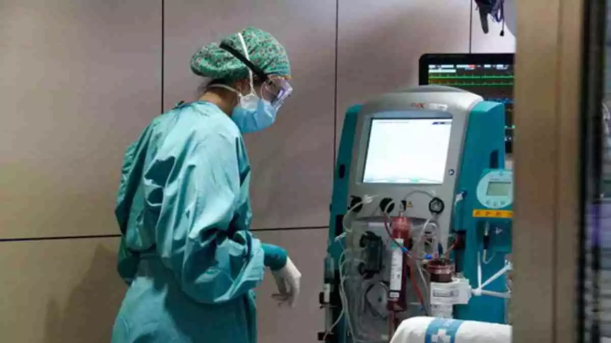 Pla general d'una infermera mirant-se una màquina amb el filtre Seraph 100 després de ser utilitzat per filtrar la sang d'un pacient amb covid-19