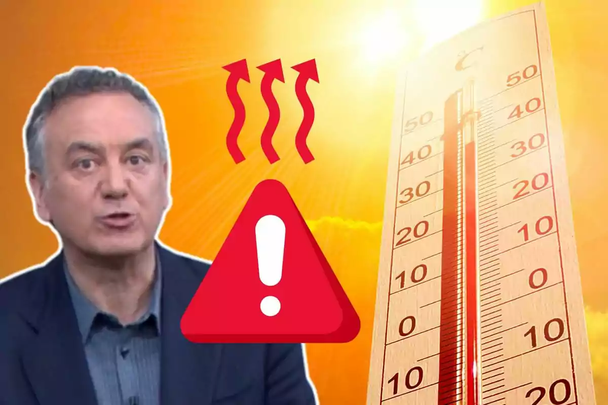 Home amb expressió seriosa al costat d’un termòmetre que marca altes temperatures, un sol brillant, fletxes vermelles ascendents i un triangle d’advertència que indica una onada de calor