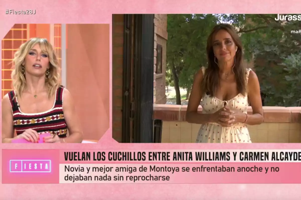 Carmen Alcayde y Emma García conversan en un programa de televisión con un recuadro de texto que menciona un enfrentamiento entre Anita Williams y Carmen Alcayde Carmen Alcayde y Emma García conversan en un programa de televisión con un recuadro de texto que menciona un enfrentamiento entre Anita Williams y Carmen Alcayde
