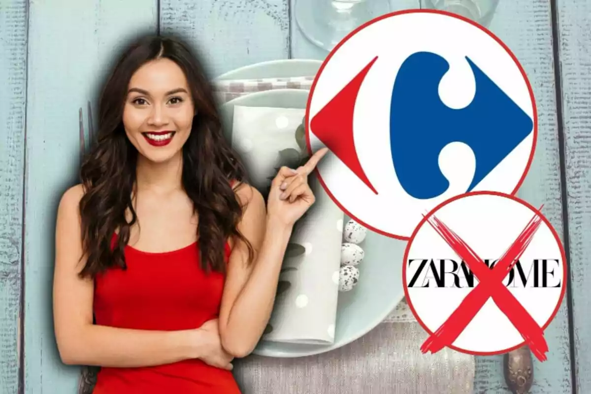 Dona somrient amb vestit vermell assenyalant el logotip de Carrefour mentre el logotip de Zara Home apareix ratllat