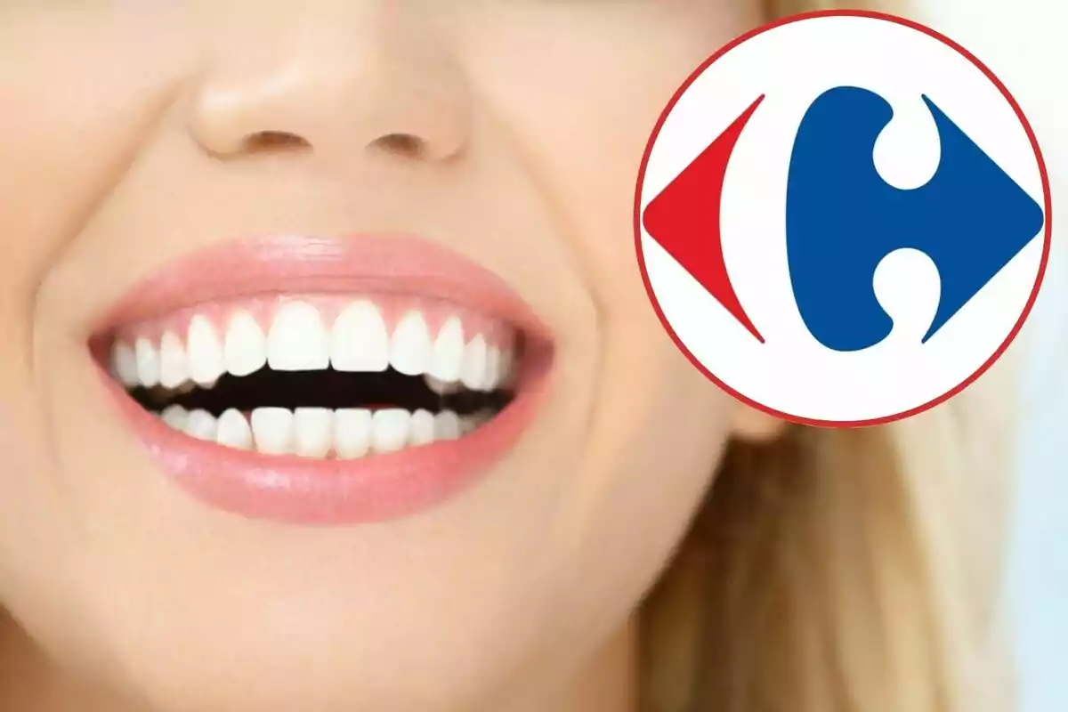 Dona somrient amb dents blanques i el logotip de Carrefour sobre la seva cara Dona somrient amb dents blanques i el logotip de Carrefour sobre la seva cara