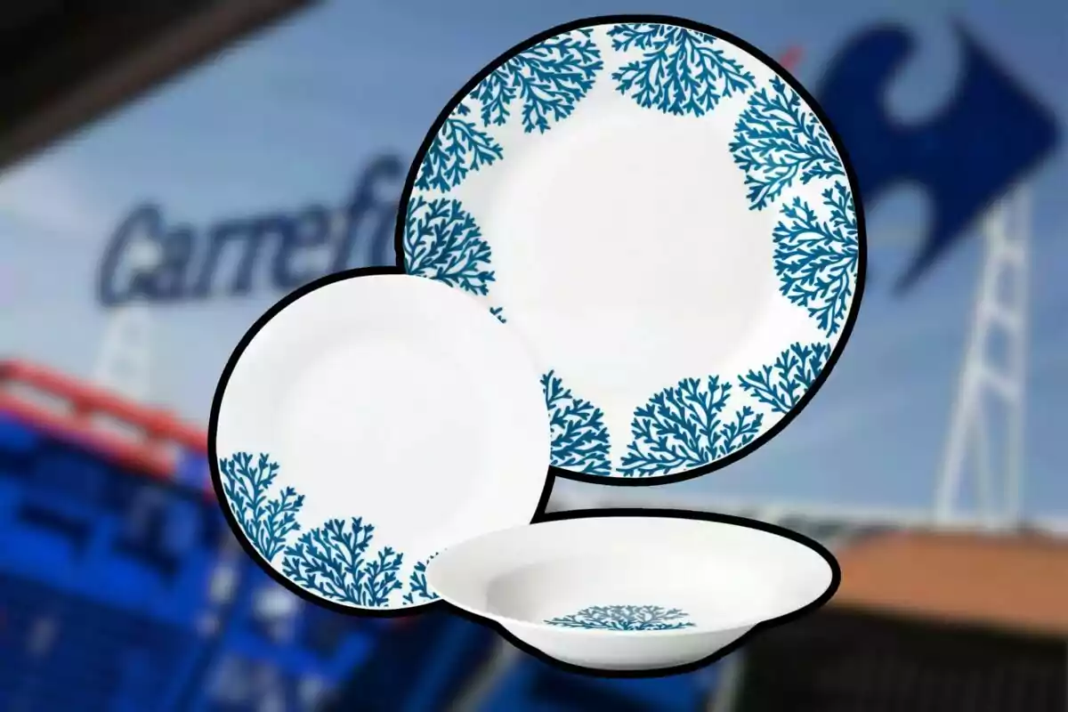 Tres plats blancs amb decoracions blaves de branques, sobre un fons desenfocat d’un supermercat. Tres plats blancs amb decoracions blaves de branques, sobre un fons desenfocat d’un supermercat.
