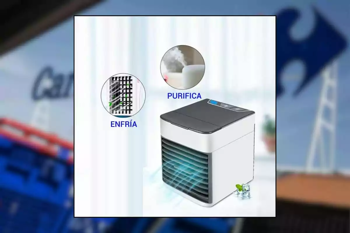 A la imatge es mostra un refrigerador d’aire portàtil de color blanc i gris que també purifica l’ambient, amb il·lustracions que destaquen les seves funcions de refredar i purificar l’aire. A la imatge es mostra un refrigerador d’aire portàtil de color blanc i gris que també purifica l’ambient, amb il·lustracions que destaquen les seves funcions de refredar i purificar l’aire.