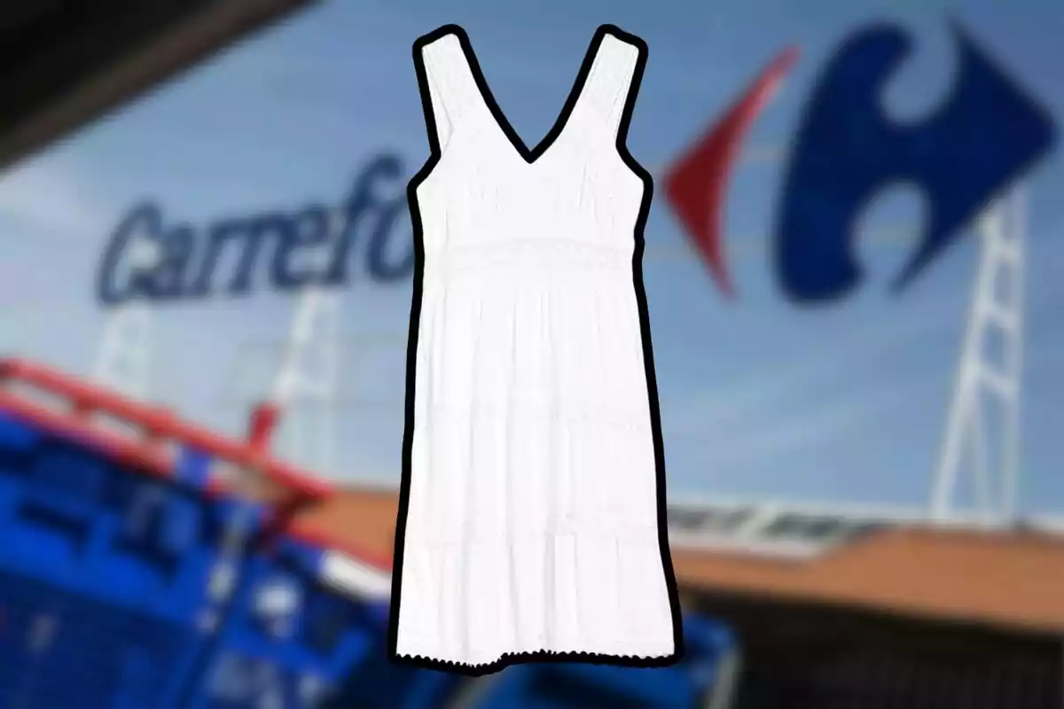 Vestit blanc sense mànigues amb fons de botiga Carrefour desenfocat Vestit blanc sense mànigues amb fons de botiga Carrefour desenfocat