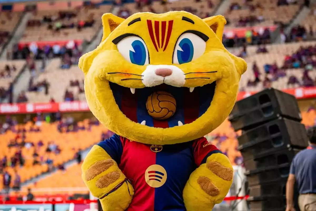 Mascota de gat groc amb samarreta del FC Barcelona posant en un estadi
