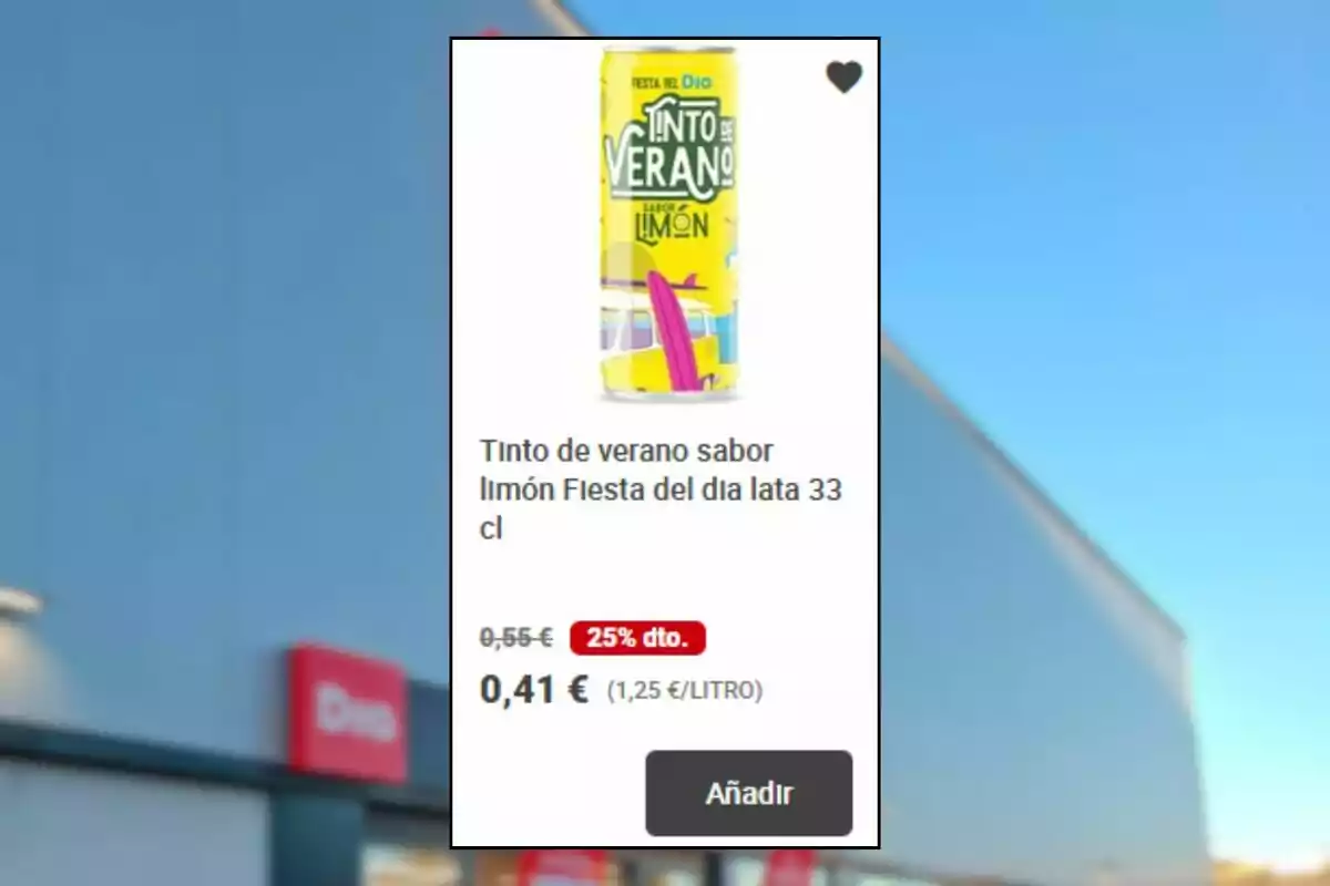 Llauna de tinto de verano amb gust de llimona Festa del Dia de 33 cl en oferta a 0,41 euros amb un descompte del 25 per cent i botó per afegir al carretó Llauna de tinto de verano amb gust de llimona Festa del Dia de 33 cl en oferta a 0,41 euros amb un descompte del 25 per cent i botó per afegir al carretó