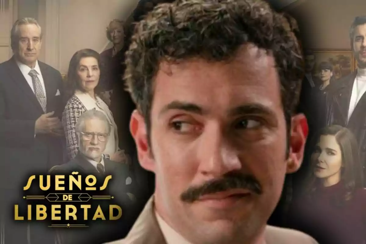 Primer pla de l’actor Fernando Moreno amb bigoti mirant cap a un costat amb el títol ‘Sueños de Libertad’ i diversos personatges al fons.