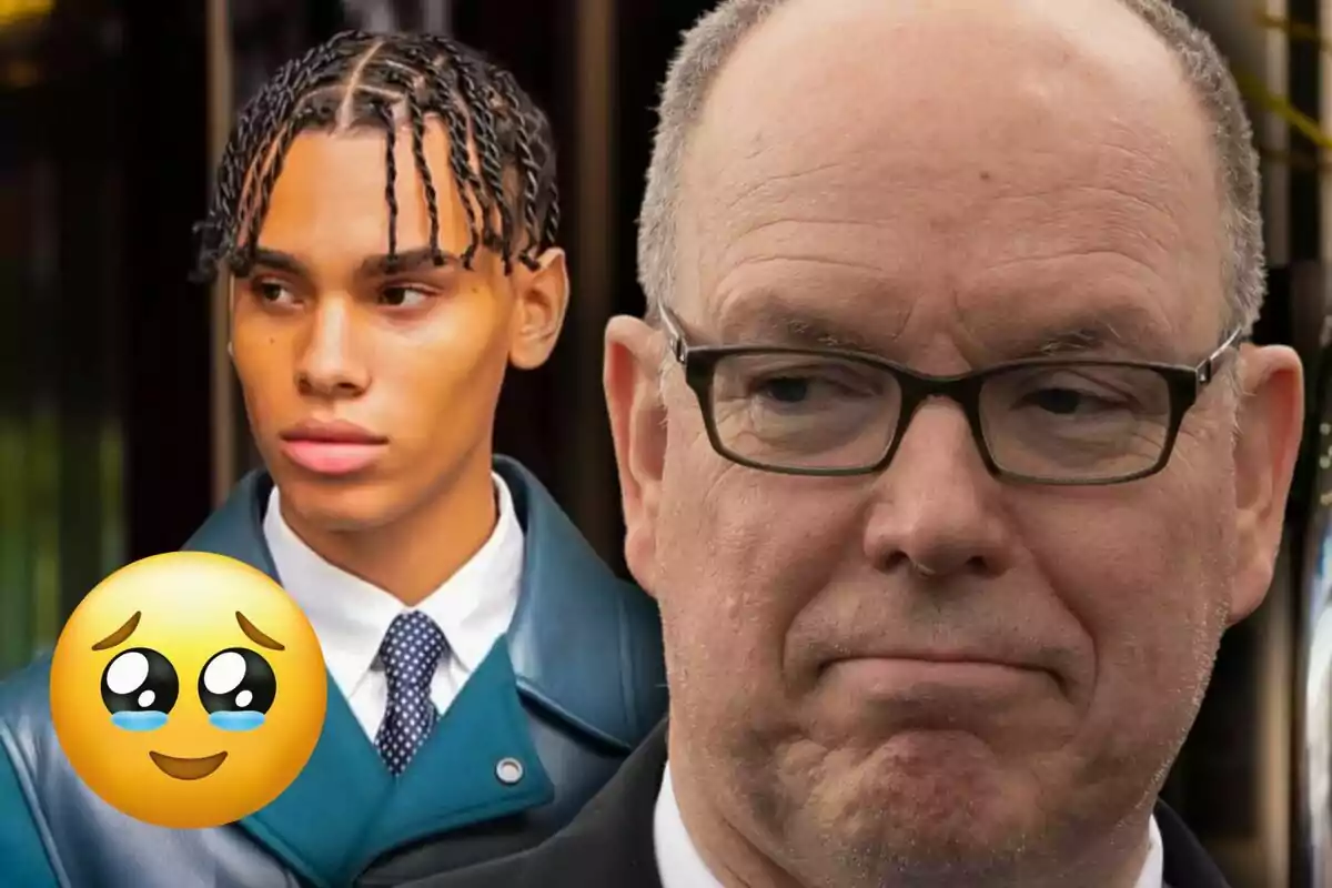 A young man with braids and a blue coat appears next to an older man with glasses and a serious expression, while a face emoji with sparkling eyes and tears is in the foreground.