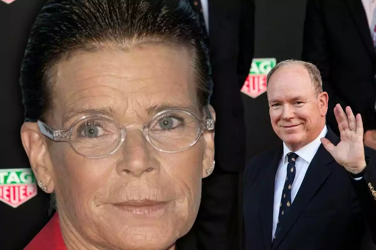 Close-up of a woman with glasses and a dark background, next to a bald man in a suit waving his hand.