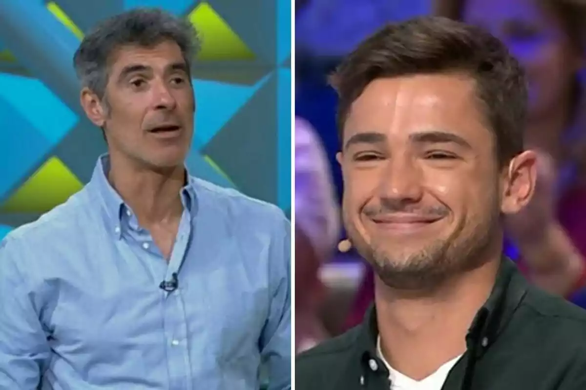 Dos homes en un programa de televisió, un d’ells amb camisa blau clar i l’altre amb camisa fosca, tots dos amb micròfon i fons acolorit Dos homes en un programa de televisió, un d’ells amb camisa blau clar i l’altre amb camisa fosca, tots dos amb micròfon i fons acolorit