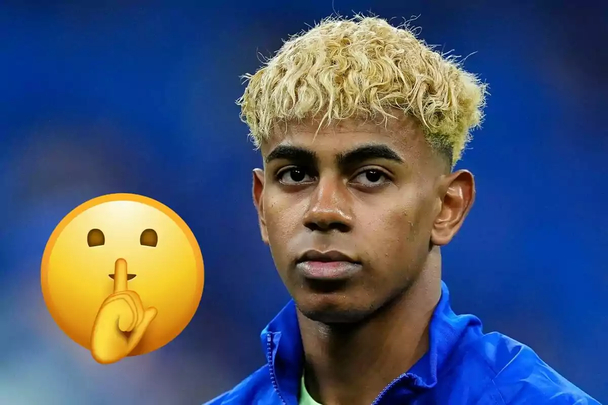 Young man with curly blond hair and a blue jacket next to a silence emoji on a blue background