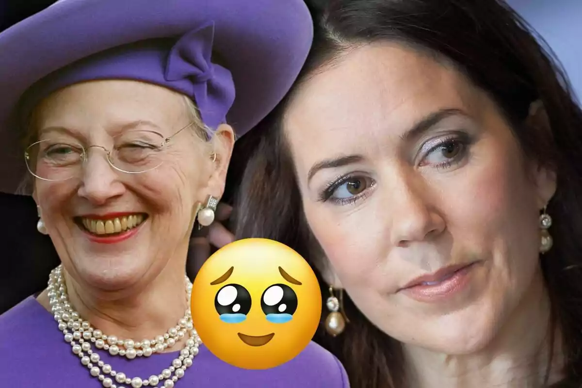 Two women with contrasting expressions, one smiling with a purple hat and the other serious, next to a crying face emoji.