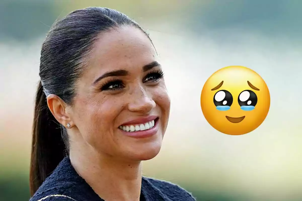Woman smiling with her hair up and a face emoji with sparkling eyes and small tears next to her