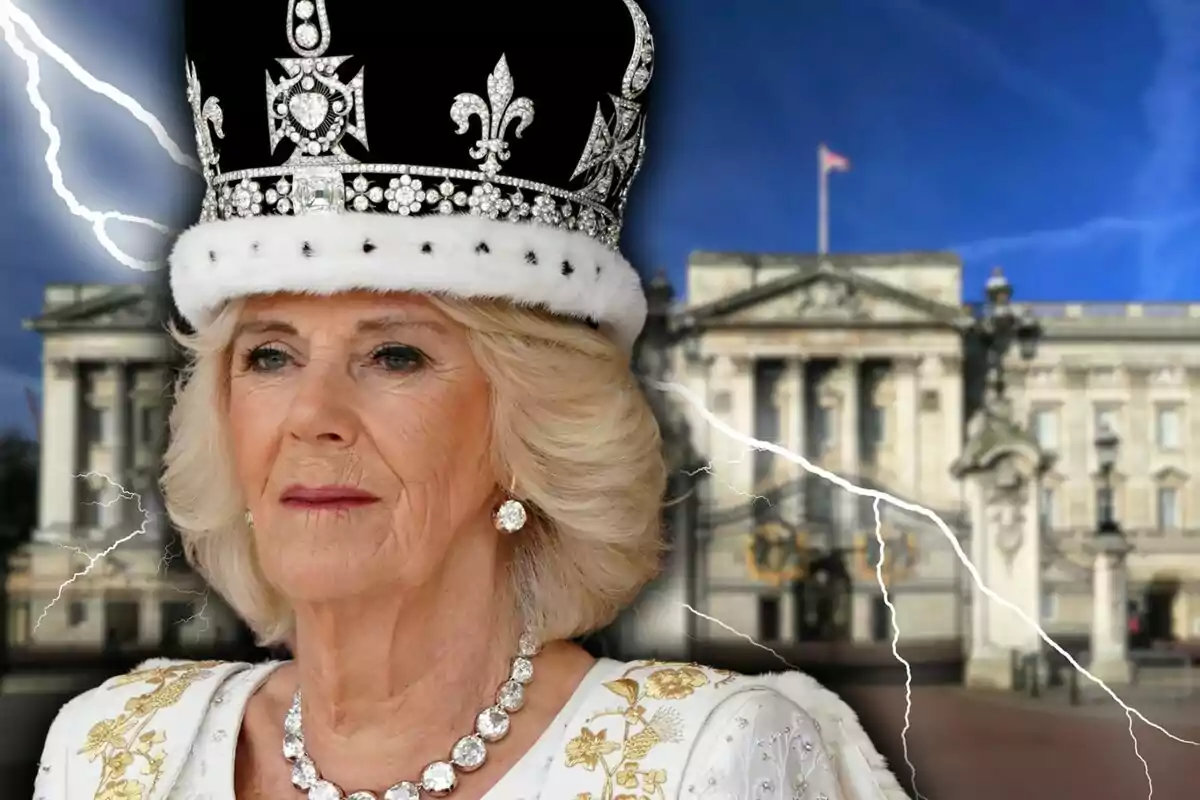 Older woman with a crown and jewelry in front of a palace with lightning in the sky
