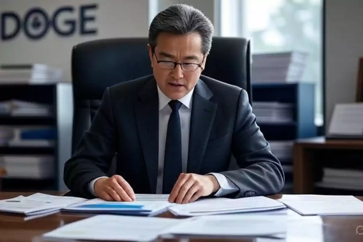 Man in a suit and glasses reviewing documents in a modern office with shelves and windows in the background Man in a suit and glasses reviewing documents in a modern office with shelves and windows in the background