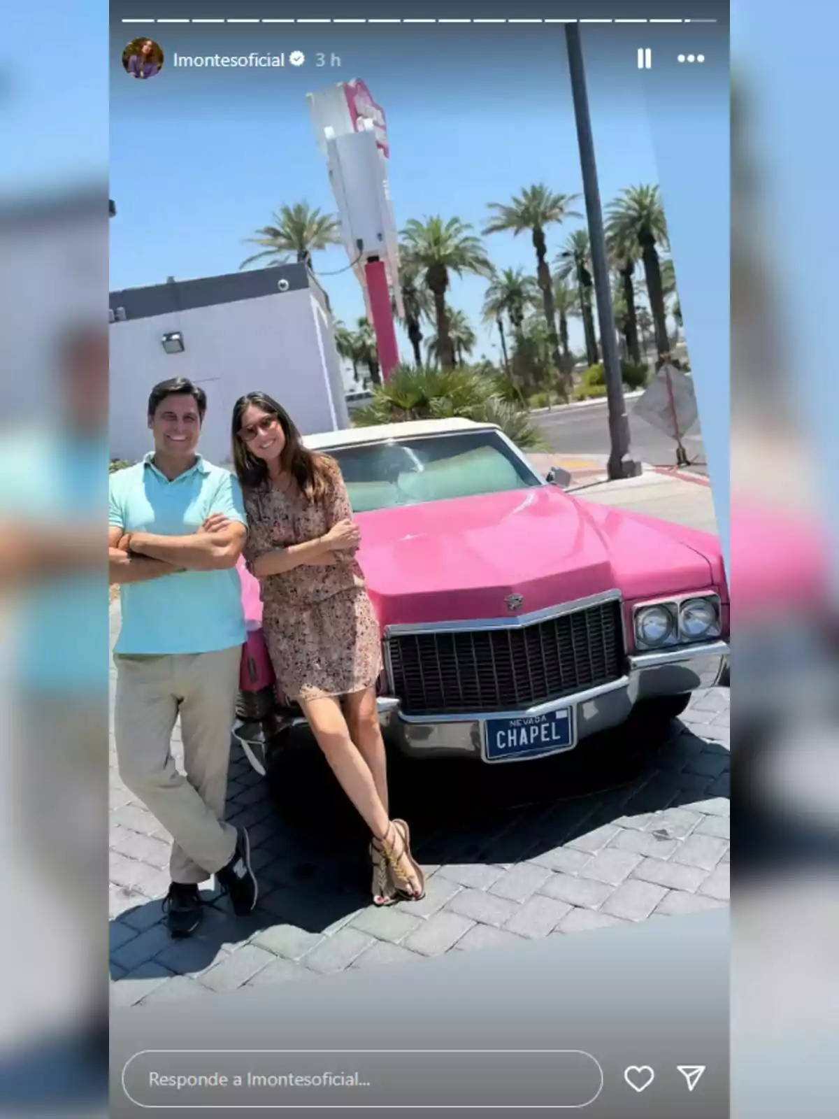 Una pareja sonriente -formada por Lourdes Montes y Fran Rivera- posa apoyada en un auto clásico color rosa con palmeras y un cielo despejado de fondo. Una pareja sonriente -formada por Lourdes Montes y Fran Rivera- posa apoyada en un auto clásico color rosa con palmeras y un cielo despejado de fondo.