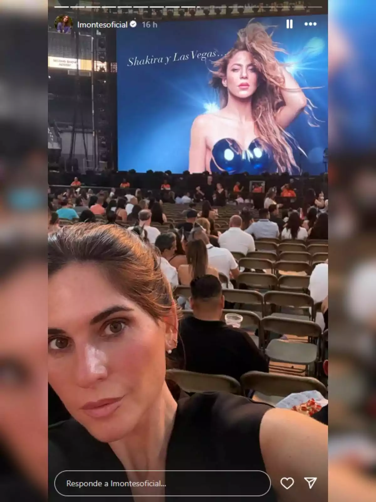 Lourdes Montes fent-se una selfie en un concert amb una pantalla gegant al fons que mostra la imatge d’una cantant famosa i el text Shakira i Las Vegas, mentre el públic espera assegut. Lourdes Montes fent-se una selfie en un concert amb una pantalla gegant al fons que mostra la imatge d’una cantant famosa i el text Shakira i Las Vegas, mentre el públic espera assegut.