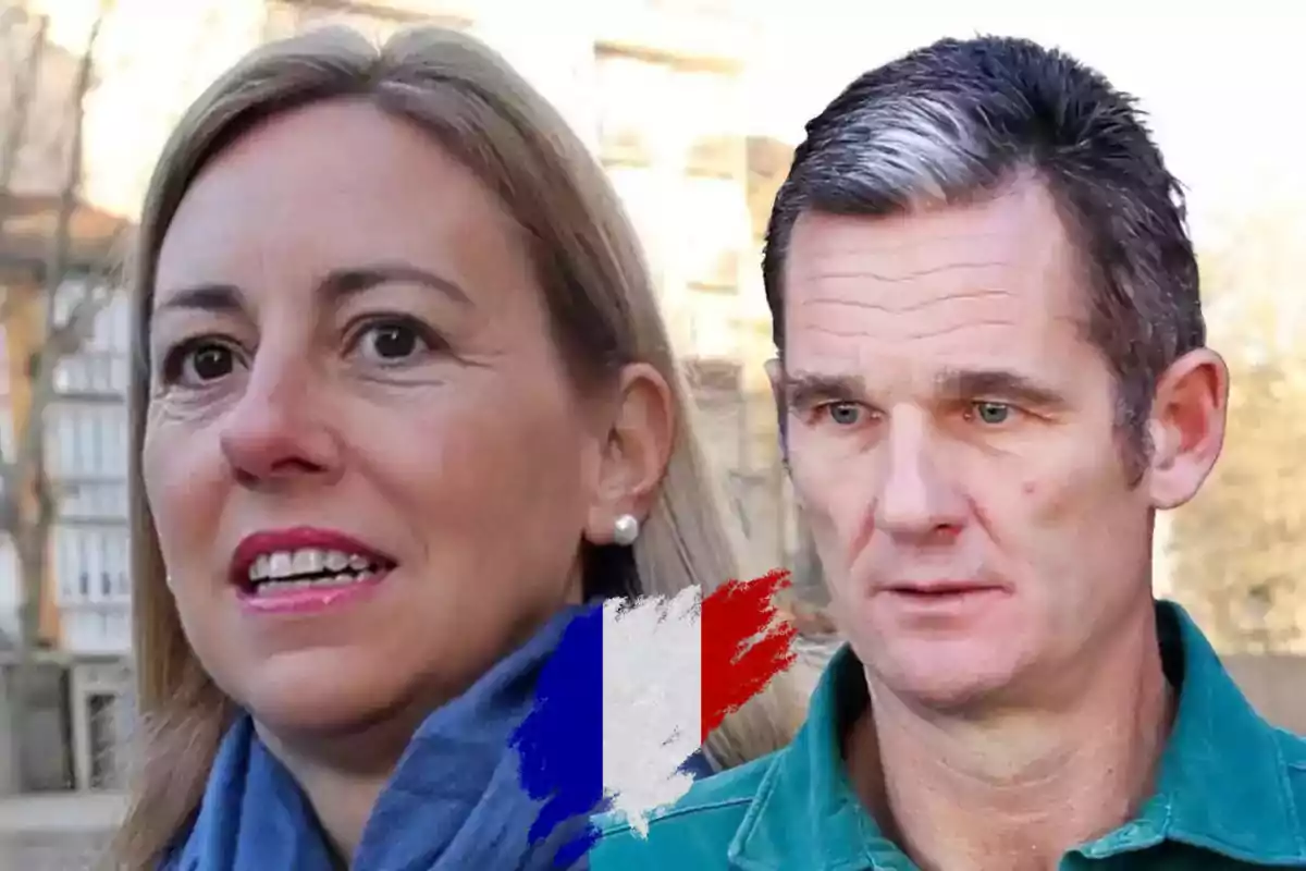 Ainhoa Armentia e Iñaki Urdangarin de mediana edad aparecen juntos al aire libre con una bandera de Francia pintada en el centro de la imagen.