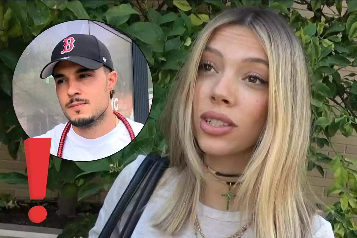 Alejandra Rubio de cabello rubio claro está al aire libre con plantas de fondo y en la esquina izquierda aparece un círculo con la imagen de Carlo Costanzia con gorra negra y un gran signo de exclamación rojo.