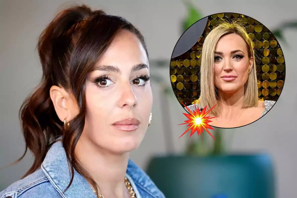 Anabel Pantoja de cabello castaño con expresión seria en primer plano y un círculo con la imagen de Marta Riesco al fondo con un efecto de explosión decorativa
