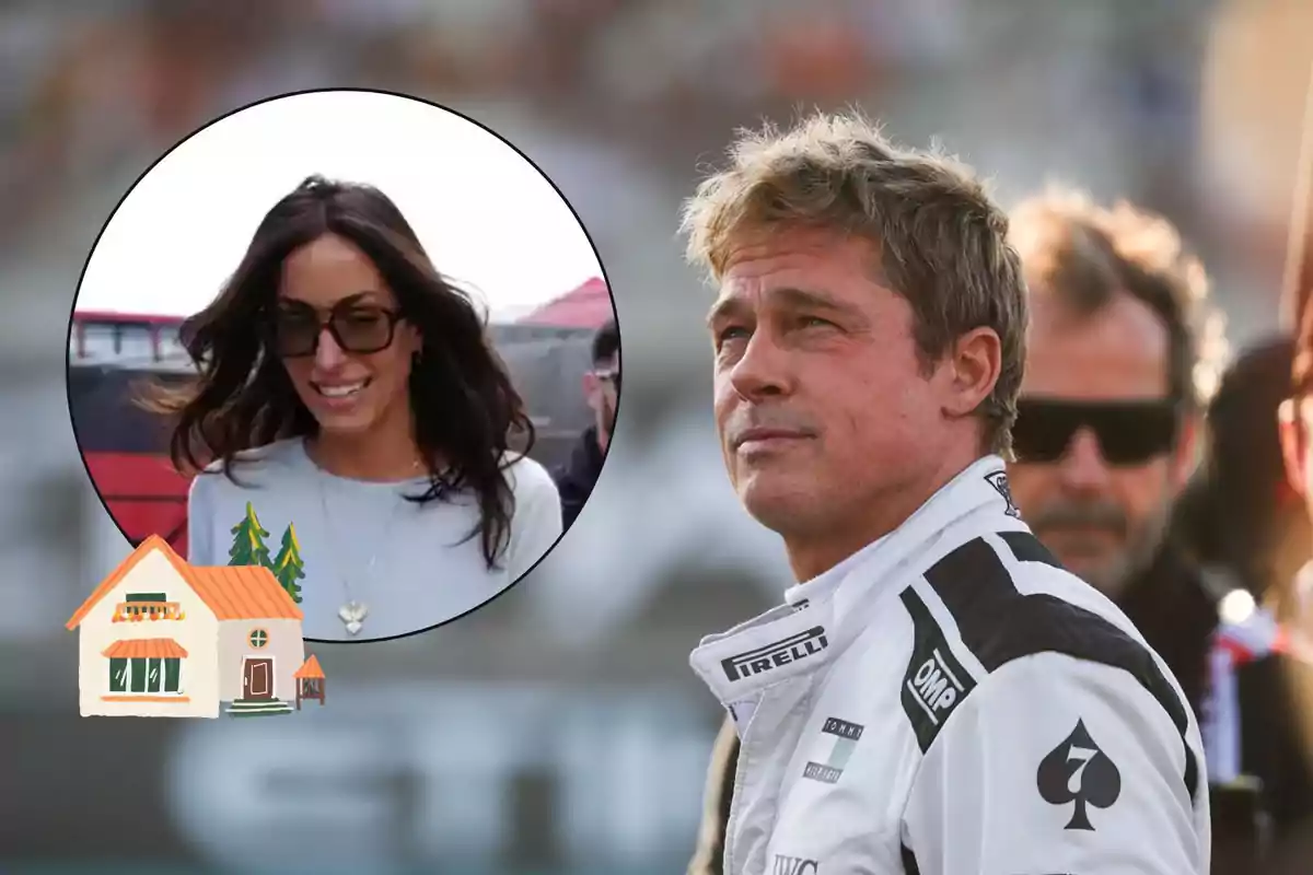 A man in a white racing suit is standing outdoors while another person can be seen in the background, and in the upper left corner there is a circle with the image of a smiling woman and a drawing of a house with trees.