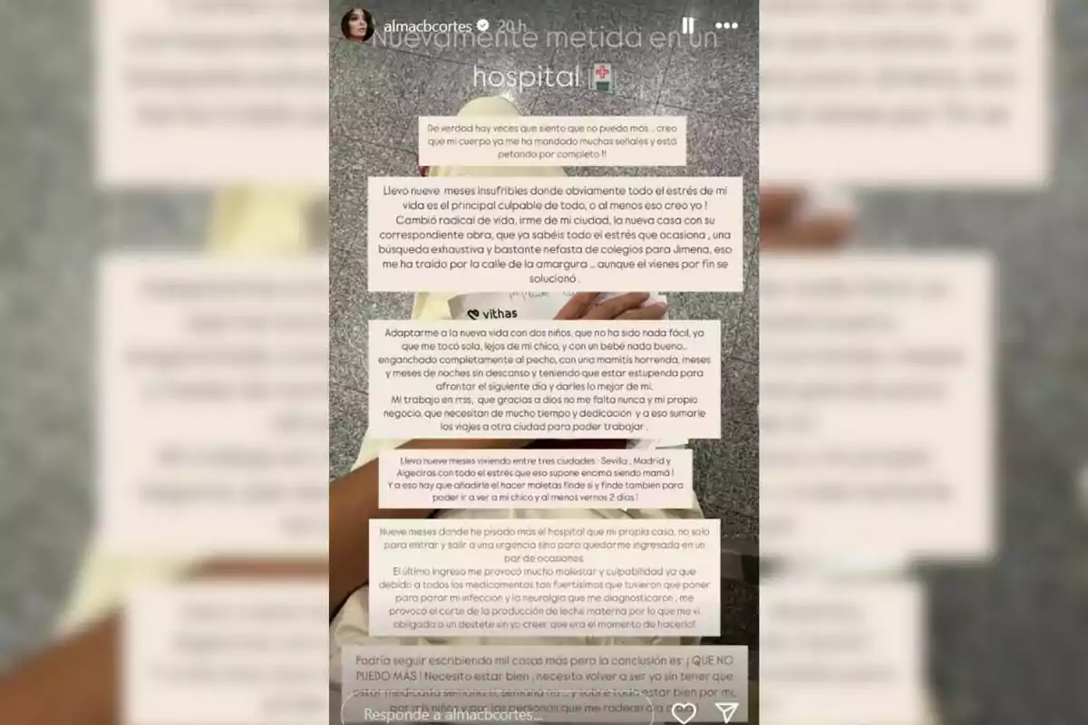 Una persona estirada en una llitera d’hospital amb un text llarg superposat on relata la seva experiència personal de salut i estrès. Una persona estirada en una llitera d’hospital amb un text llarg superposat on relata la seva experiència personal de salut i estrès.